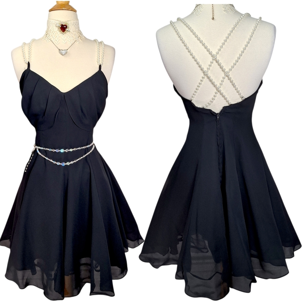 Vintage 90s Prom Dress Womens XS Black Pearl Straps Goth 80s Alt Celestial Boho